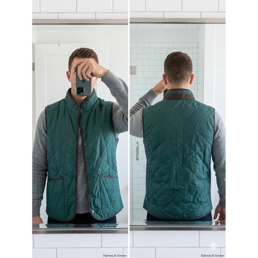 Fairway & Greene Men's Medium Quilted Vest Green Brown Trim Full Snap Golf Gilet